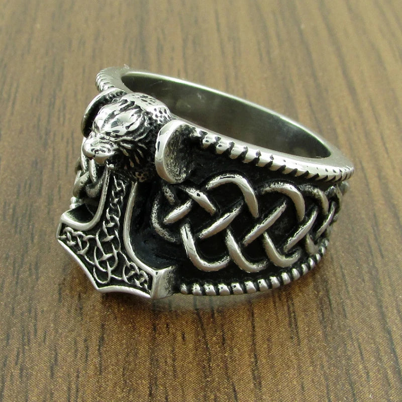 Gothic Silver Color 316L Stainless Steel Viking  Thor Hammer Celtics Knot Ring Men's Nordic Lion Mjolnir Rings