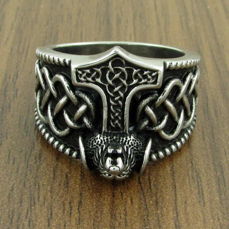 Gothic Silver Color 316L Stainless Steel Viking  Thor Hammer Celtics Knot Ring Men's Nordic Lion Mjolnir Rings