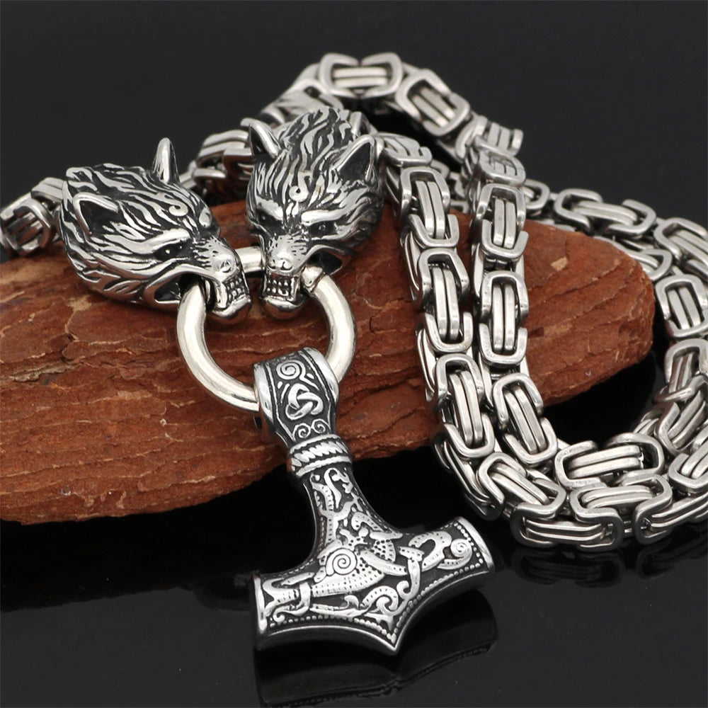 Nordic Celtic Wolf Men's Necklace Viking Wolf Head Stainless Steel Pendant scandinavian Rune Accessories norse Amulet Jewelry