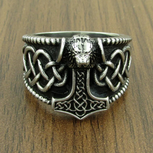 Gothic Silver Color 316L Stainless Steel Viking  Thor Hammer Celtics Knot Ring Men's Nordic Lion Mjolnir Rings