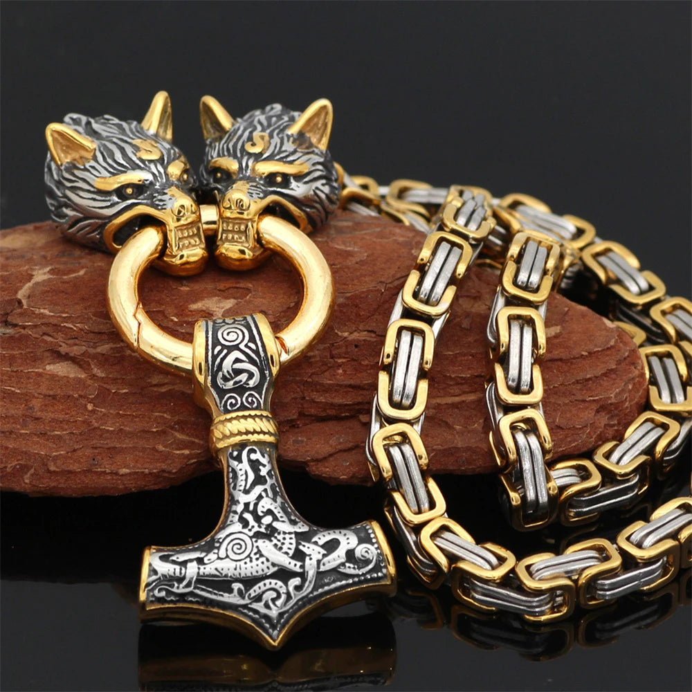 Nordic Celtic Wolf Men's Necklace Viking Wolf Head Stainless Steel Pendant scandinavian Rune Accessories norse Amulet Jewelry