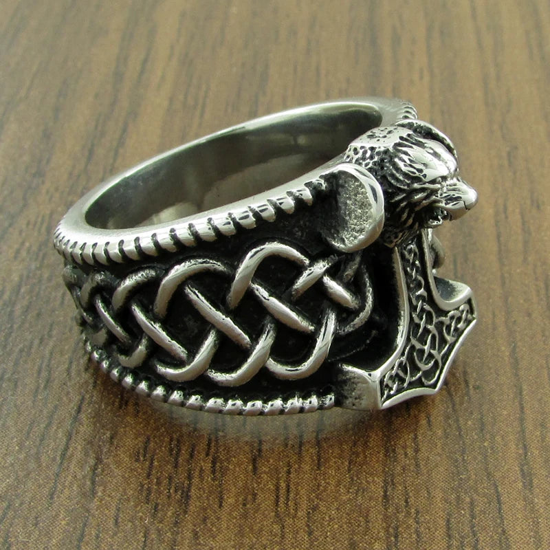 Gothic Silver Color 316L Stainless Steel Viking  Thor Hammer Celtics Knot Ring Men's Nordic Lion Mjolnir Rings