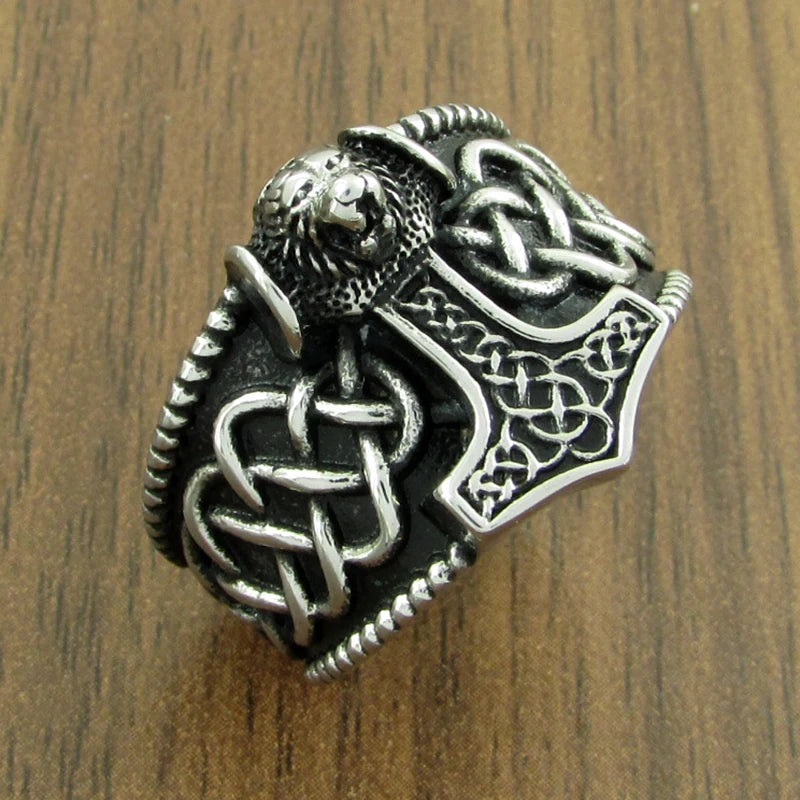 Gothic Silver Color 316L Stainless Steel Viking  Thor Hammer Celtics Knot Ring Men's Nordic Lion Mjolnir Rings