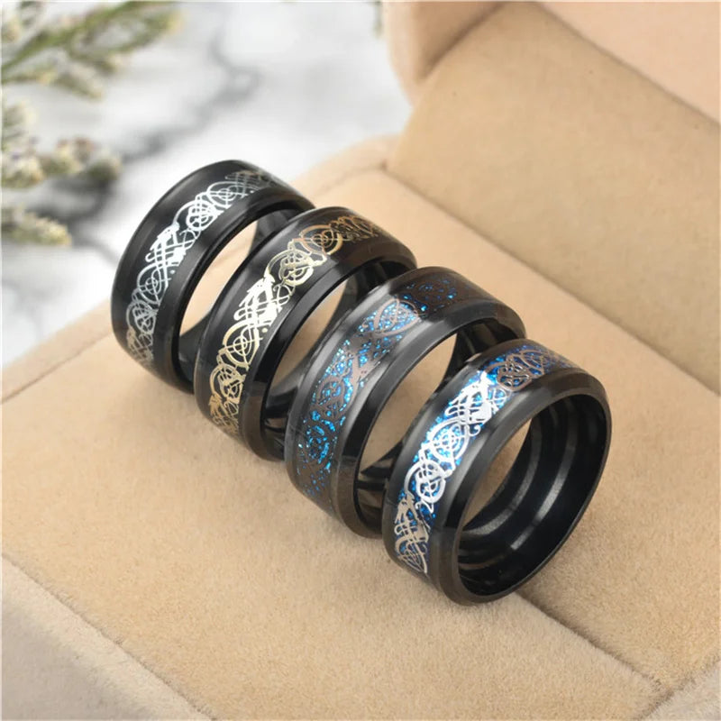 Punk Viking Dragon Black Tungsten Wedding Ring Set For Men Stainless Steel Inlaid Blue Carbon Fiber Band Ring Bague Homme