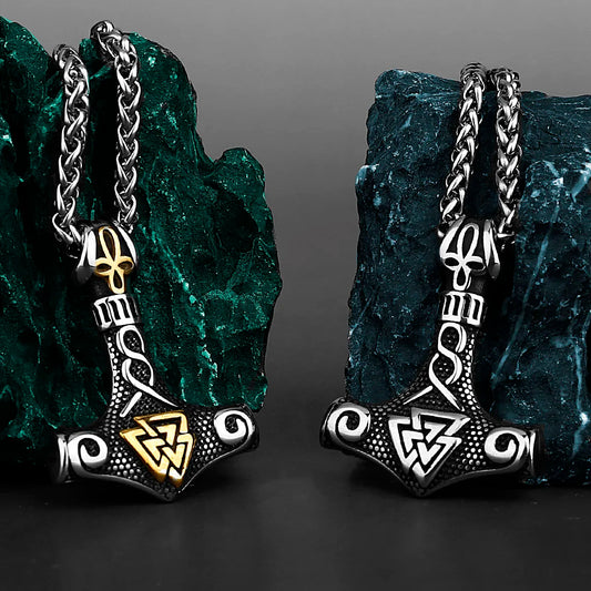 Viking Thor Mjolnir and Valknut Runes Men's Amulet 316L Stainless Steel Pendant Necklace Scandinavian Viking Necklace Gift