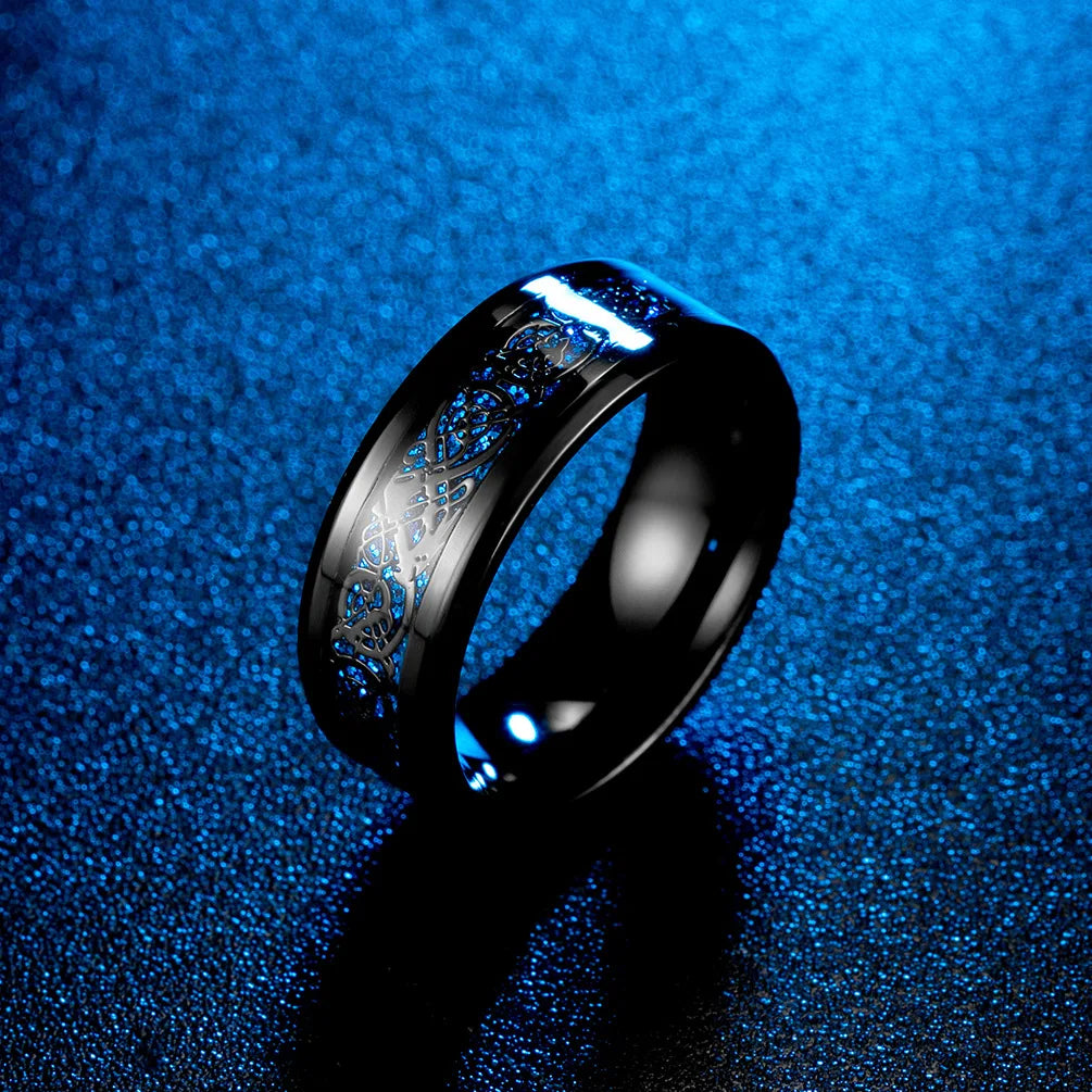 Punk Viking Dragon Black Tungsten Wedding Ring Set For Men Stainless Steel Inlaid Blue Carbon Fiber Band Ring Bague Homme