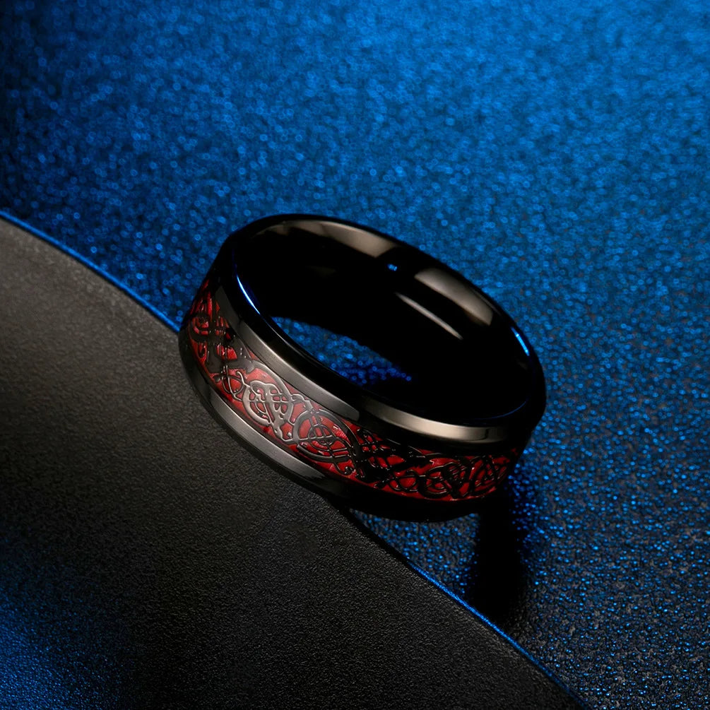 Punk Viking Dragon Black Tungsten Wedding Ring Set For Men Stainless Steel Inlaid Blue Carbon Fiber Band Ring Bague Homme