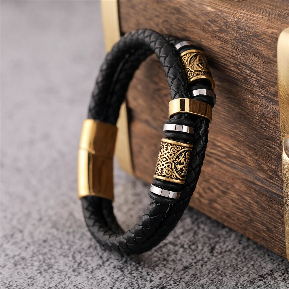 Punk Men Vikings Style Genuine Leather Bracelet Braided Multilayer  Stainless Steel Norse Runes Bead Bangles Couple Jewelry Gift