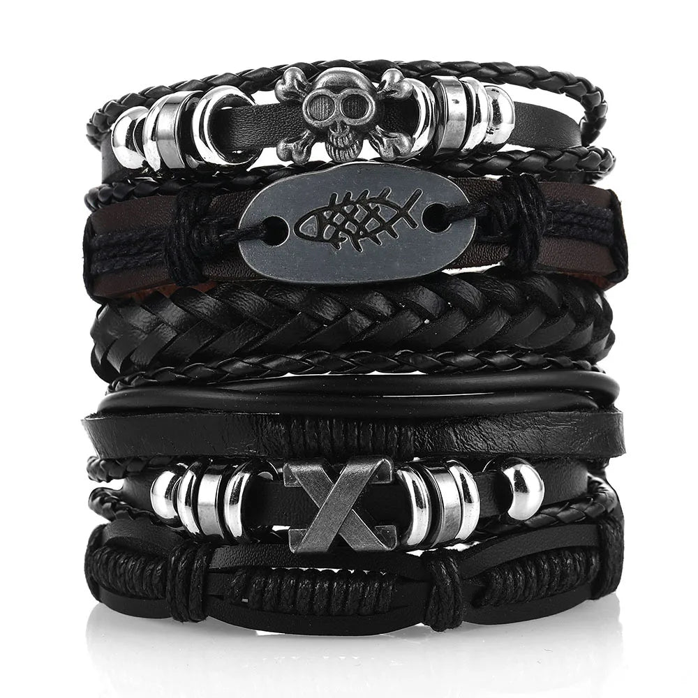 Fashion Bracelet Viking  Bracelet For Men Hand Bracelets Woven Skull Hand Jewelry Adjustable Leather Set Bracelet For Leather