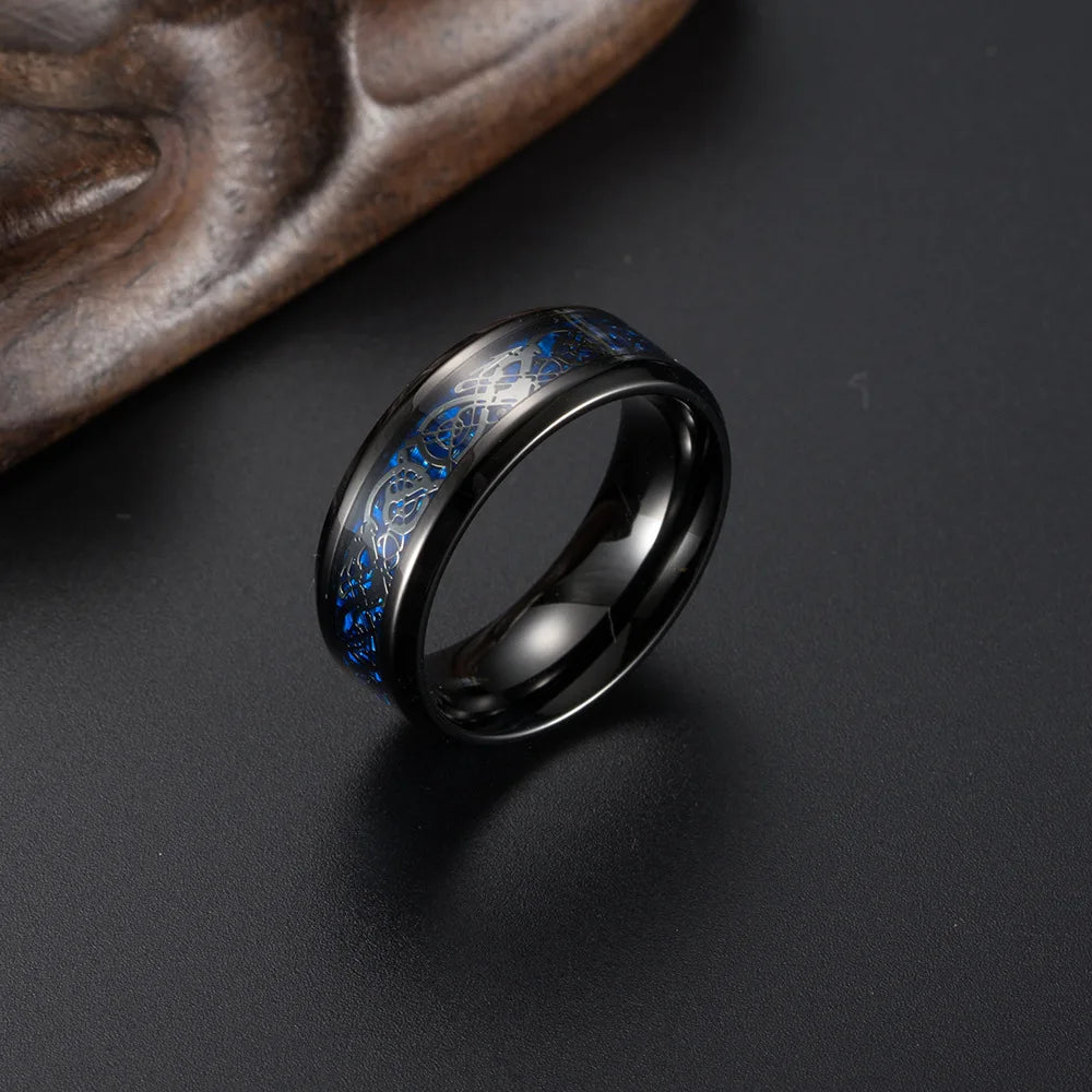 Punk Viking Dragon Black Tungsten Wedding Ring Set For Men Stainless Steel Inlaid Blue Carbon Fiber Band Ring Bague Homme