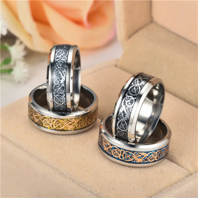 Punk Viking Dragon Black Tungsten Wedding Ring Set For Men Stainless Steel Inlaid Blue Carbon Fiber Band Ring Bague Homme