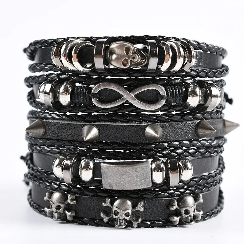 Fashion Bracelet Viking  Bracelet For Men Hand Bracelets Woven Skull Hand Jewelry Adjustable Leather Set Bracelet For Leather