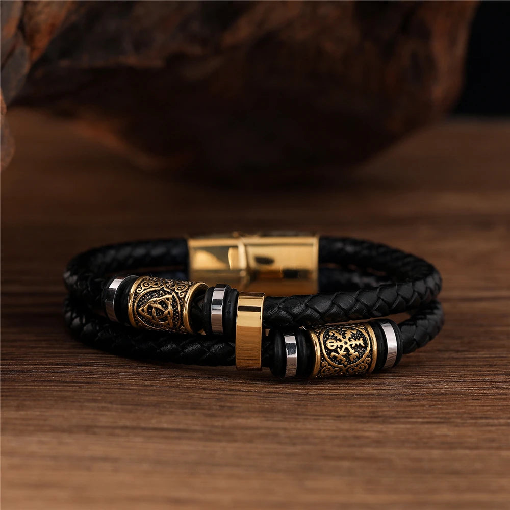 Punk Men Vikings Style Genuine Leather Bracelet Braided Multilayer  Stainless Steel Norse Runes Bead Bangles Couple Jewelry Gift