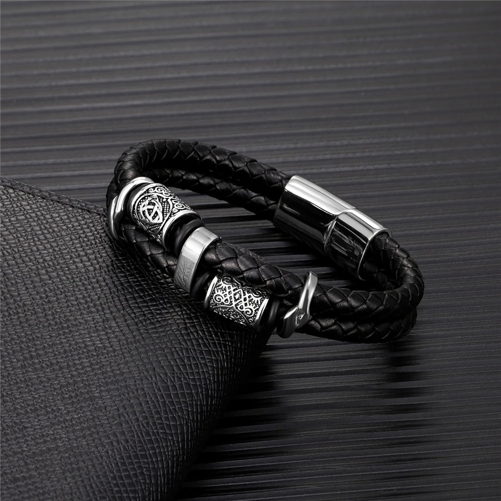 Punk Men Vikings Style Genuine Leather Bracelet Braided Multilayer  Stainless Steel Norse Runes Bead Bangles Couple Jewelry Gift