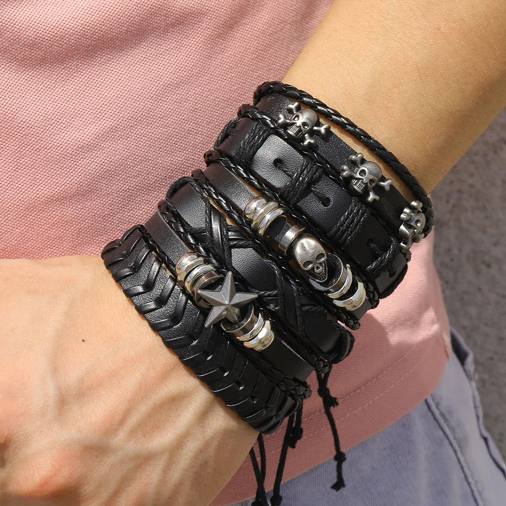 Fashion Bracelet Viking  Bracelet For Men Hand Bracelets Woven Skull Hand Jewelry Adjustable Leather Set Bracelet For Leather