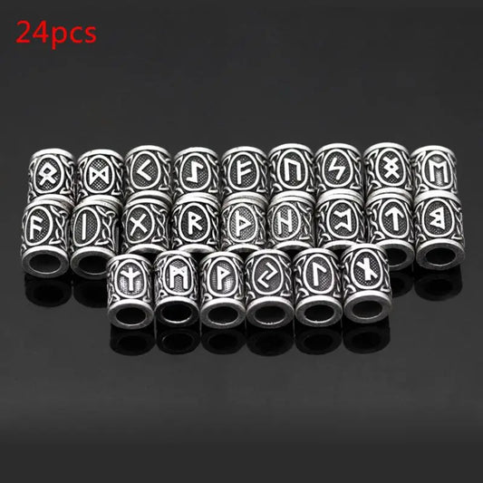 24x/Set Metal Beads  Vintage Silver Paracord Norse  Rune Beads Bracelet Hair Beards for DIY Chain Jewelry