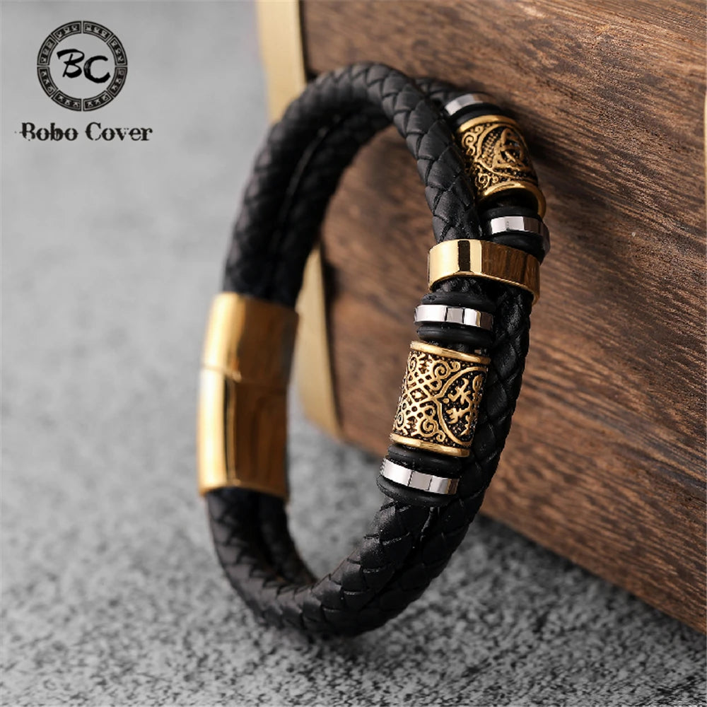 Punk Men Vikings Style Genuine Leather Bracelet Braided Multilayer  Stainless Steel Norse Runes Bead Bangles Couple Jewelry Gift