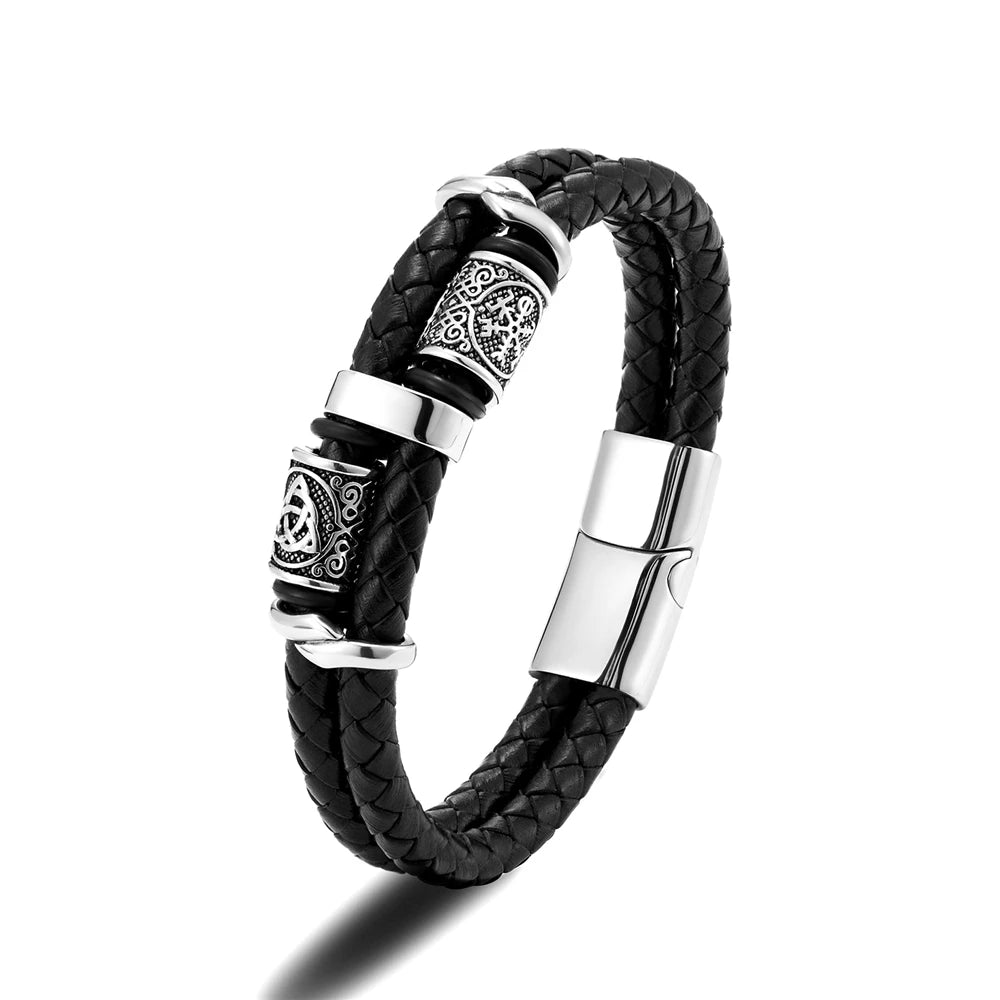 Punk Men Vikings Style Genuine Leather Bracelet Braided Multilayer  Stainless Steel Norse Runes Bead Bangles Couple Jewelry Gift