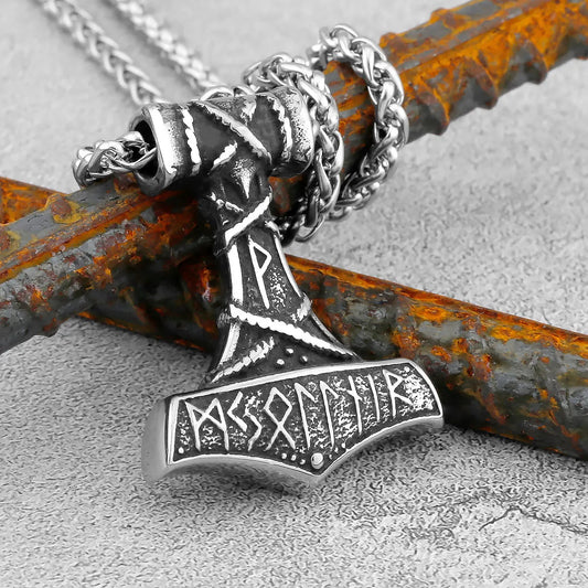 Viking Thor Hammer Necklace Men's Stainless Steel Mjolnir Vintage Runes Pendant Necklace Celtic Knot Talisman Jewelry Wholesale