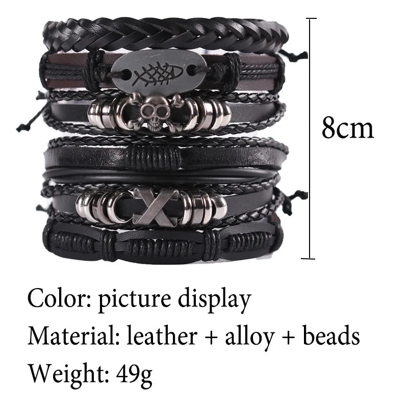 Fashion Bracelet Viking  Bracelet For Men Hand Bracelets Woven Skull Hand Jewelry Adjustable Leather Set Bracelet For Leather