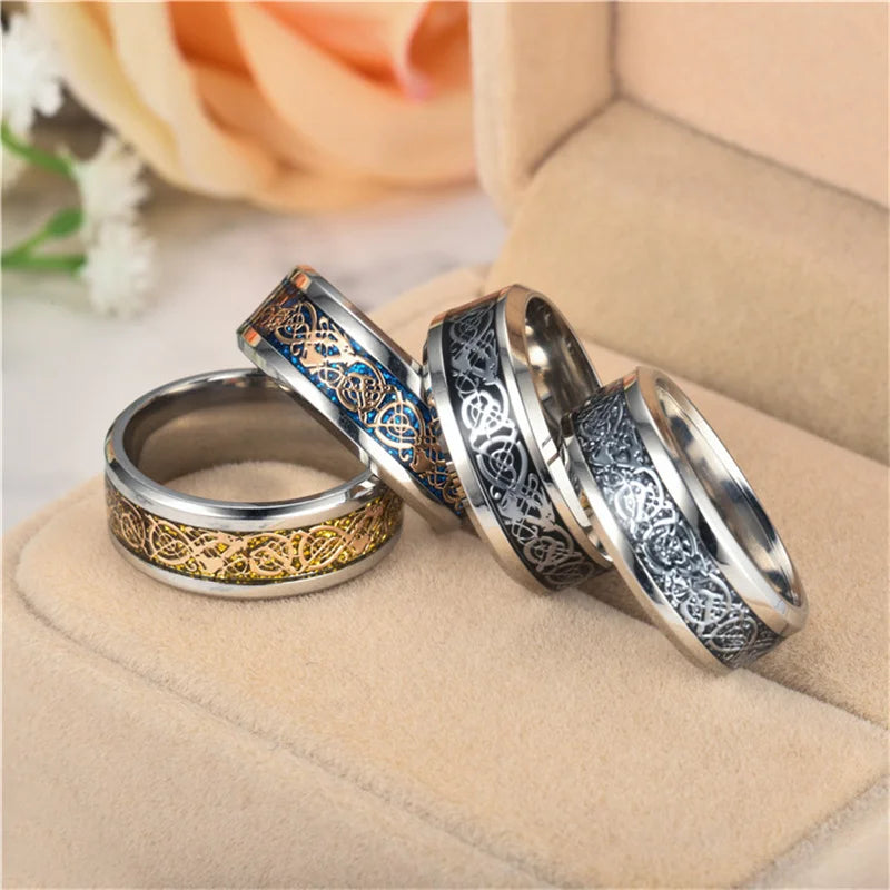 Punk Viking Dragon Black Tungsten Wedding Ring Set For Men Stainless Steel Inlaid Blue Carbon Fiber Band Ring Bague Homme