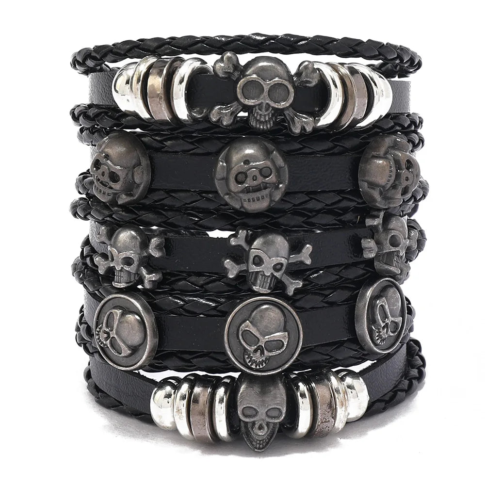 Fashion Bracelet Viking  Bracelet For Men Hand Bracelets Woven Skull Hand Jewelry Adjustable Leather Set Bracelet For Leather